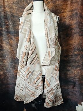 Neutral Aztec Print Draped Open Vest
